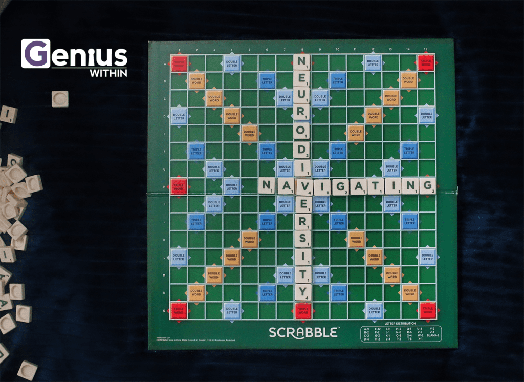 scrabble board spelling out two words, Navigating Neurodiversity